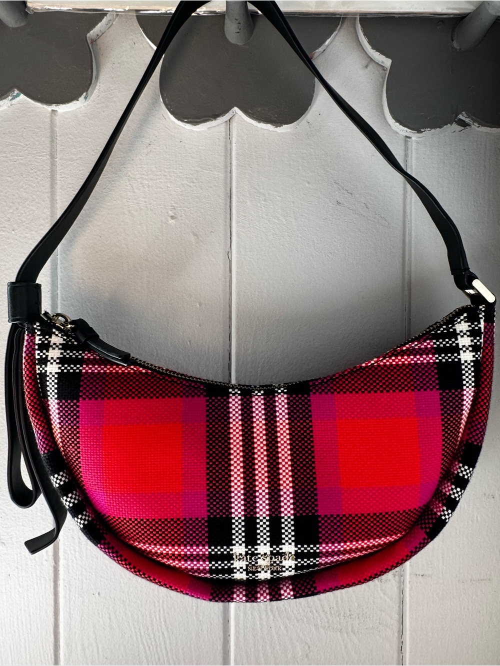 Kate Spade pink and red Plaid Crescent Shoulder Bag - Picture 2 of 9